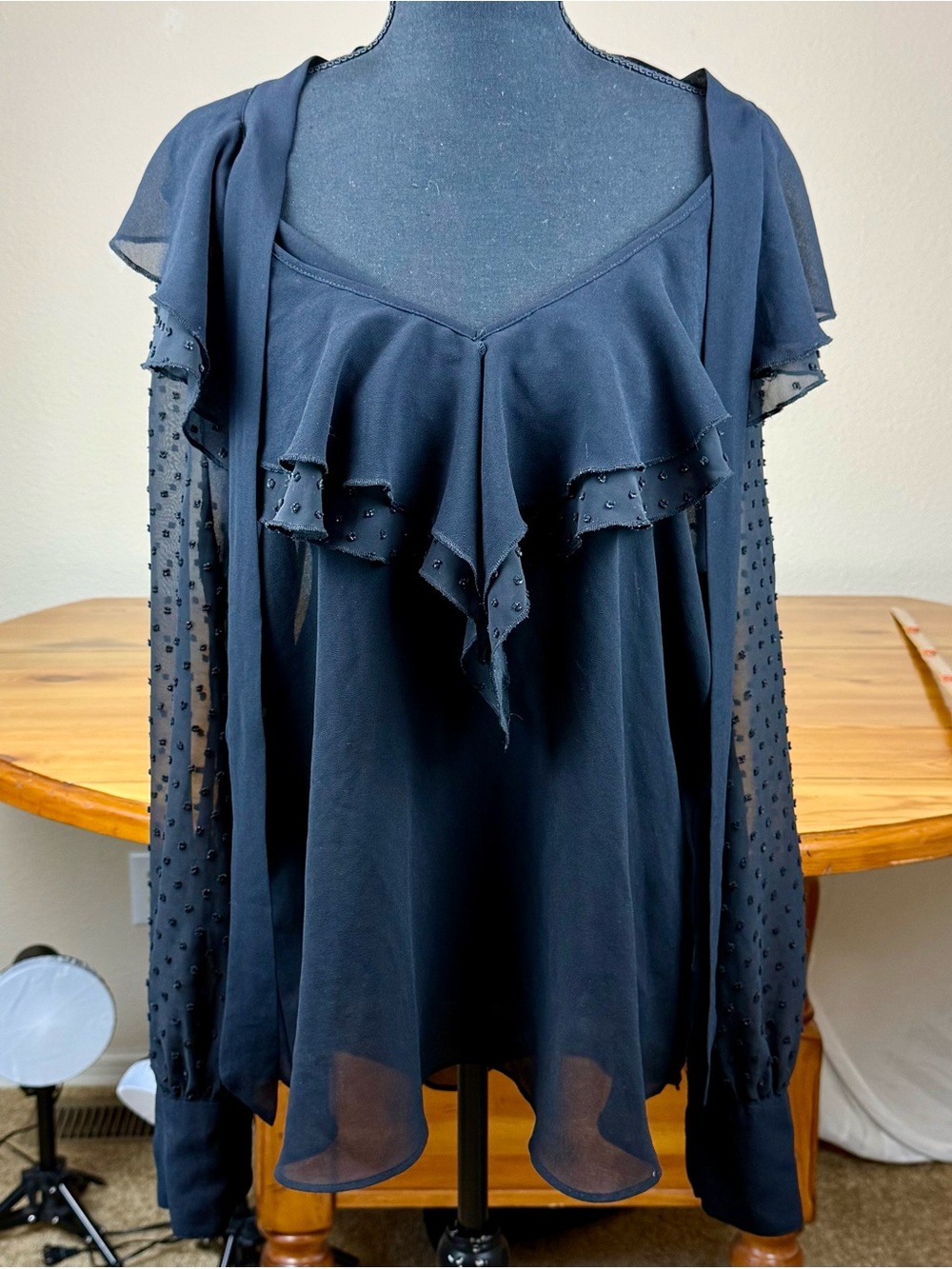 Vintage Y2K Bisou Bisou Beaded Ruffle Mesh Blouse whimsigoth Romantic Black Top